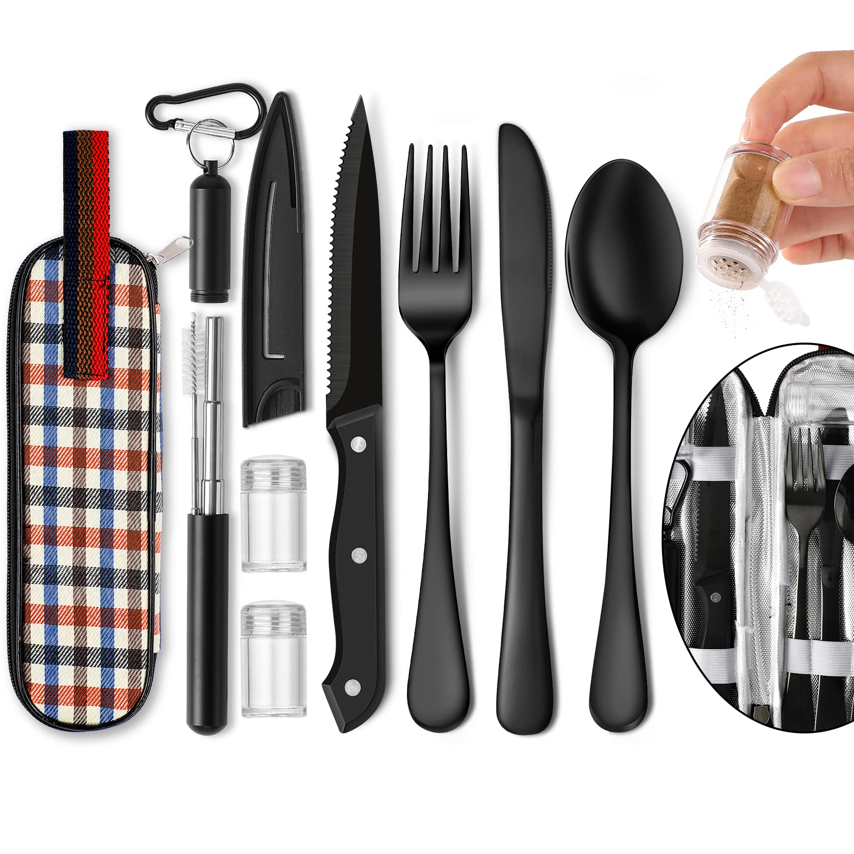 HASTHIP Portable Travel Utensils Set, Travel Camping Cutlery Set, Reusable Stainless Steel Spoon Fork Dinner Knife Flatware Set with Case for Office School Picnic (Black) HASTHIP Portable Travel Utensils Set, Travel Camping Cutlery Set, Reusable Stainless Steel Spoon Fork Dinner Knife Flatware Set with Case for Office School Picnic (Black)